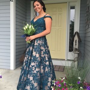 Dark teal Jovani off the shoulder dress with lace beading.